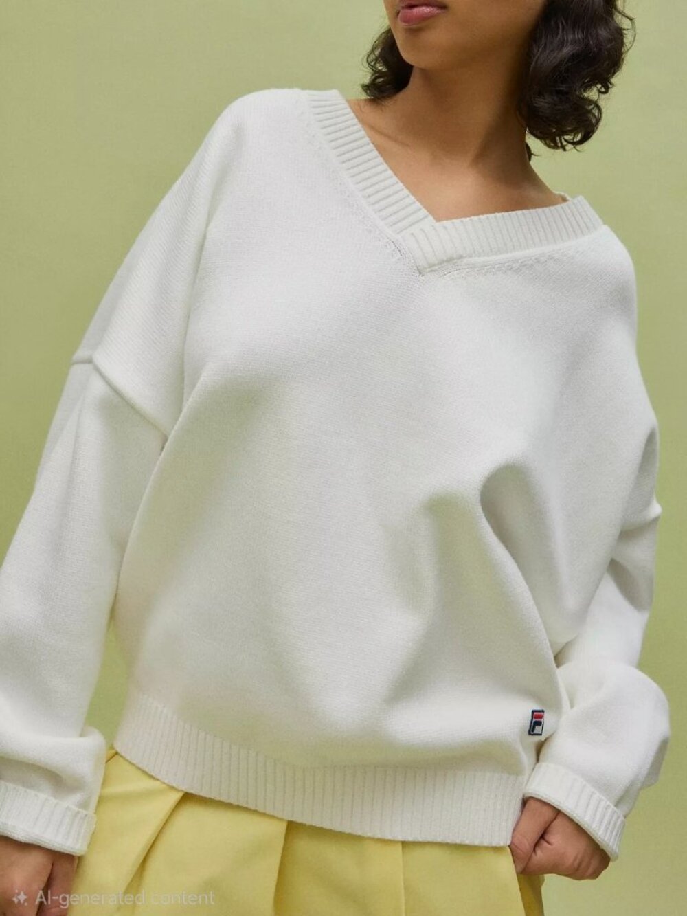 FILA x HAILEY Bieber V Neck Knit Sweater - Ivory / Cream - Women's Size XS